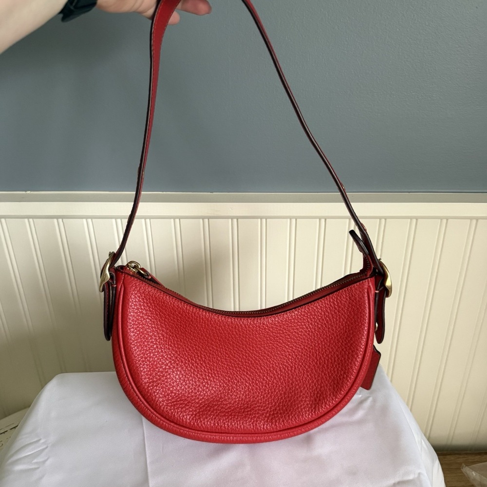 Coach CC439 Luna Red Soft Pebble Leather Crescent Shoulder Hobo Bag Purse